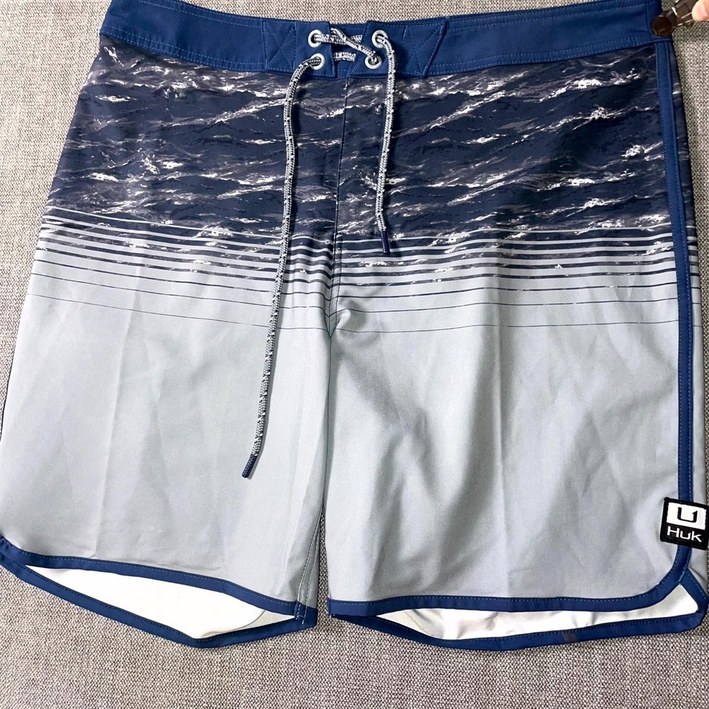 Huk Board Shorts Mens 36 Gray Blue Camo Stretch Performance Fishing Drawstring